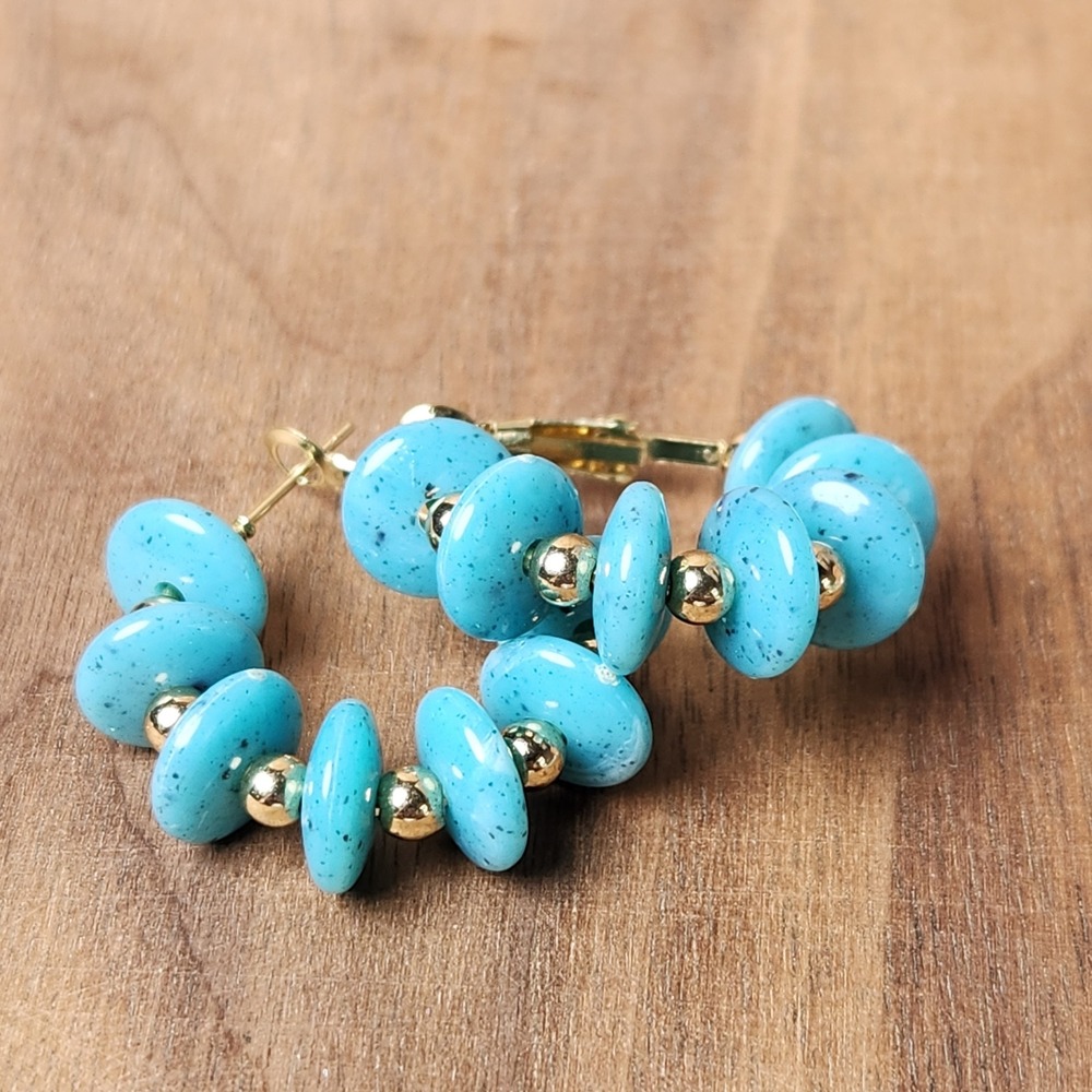 Turquoise Blue Speckled Disc Bead Gold Tone Lever Back Hoop Earrings 1.25"